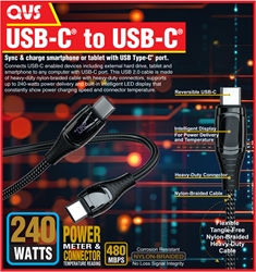 1-Meter USB-C to USB-C 2.0 Sync & 240-Watts Charger Nylon-Braided Premium Cable with Power Meter CC2240PB-1M 037229230376 Black microcenter Malone Pending, USB-C 2.0, USB C, USB-C Extension Cable, USB C Extension Cable 1-meter, 1meter, 1m, 3.3ft, 480Mbps data transfer rate, 5Amp, 240-Watts, Nylon-Braided Premium Cable with Power Meter