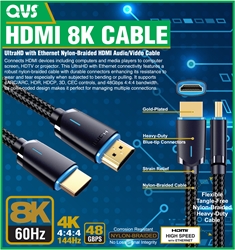 1-Meter Ultra High Speed HDMI UltraHD 8K with Ethernet Cable with Blue-Tip Connectors HD8B-1M 037229492385 Cable, 1-meter, 1meter, 1m, 3.3ft, 8K/60Hz, HDR10, ARC Digital Audio, Ethernet / HEAC, Deep Color 4:4:4 YCbCr, HDMI 2.1 48Gbps HDCP 2.3 & CEC control, Corrosion resistant gold contact, Shielded cable for signal integrity