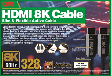 100-Meter Active HDMI UltraHD 8K/60Hz with Ethernet Cable HF8-100M 037229490442 Cable, Active HDMI 2.1, 48Gbps  ARC HDCP 2.3, 10M HF100M HF8-100M cables meter 8K/60Hz 4:4:4, HDR10, Built-in equalizer/amplification for best signal quality, HEAC, Corrosion resistant gold contact, Shielded cable for signal integrity