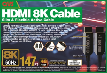 45-Meter Active HDMI UltraHD 8K/60Hz with Ethernet Cable HF8-45M 037229490039 Cable, Active HDMI 2.1, 48Gbps  ARC HDCP 2.3, 10M HF45M HF8-45M cables meter 8K/60Hz 4:4:4, HDR10, Built-in equalizer/amplification for best signal quality, HEAC, Corrosion resistant gold contact, Shielded cable for signal integrity